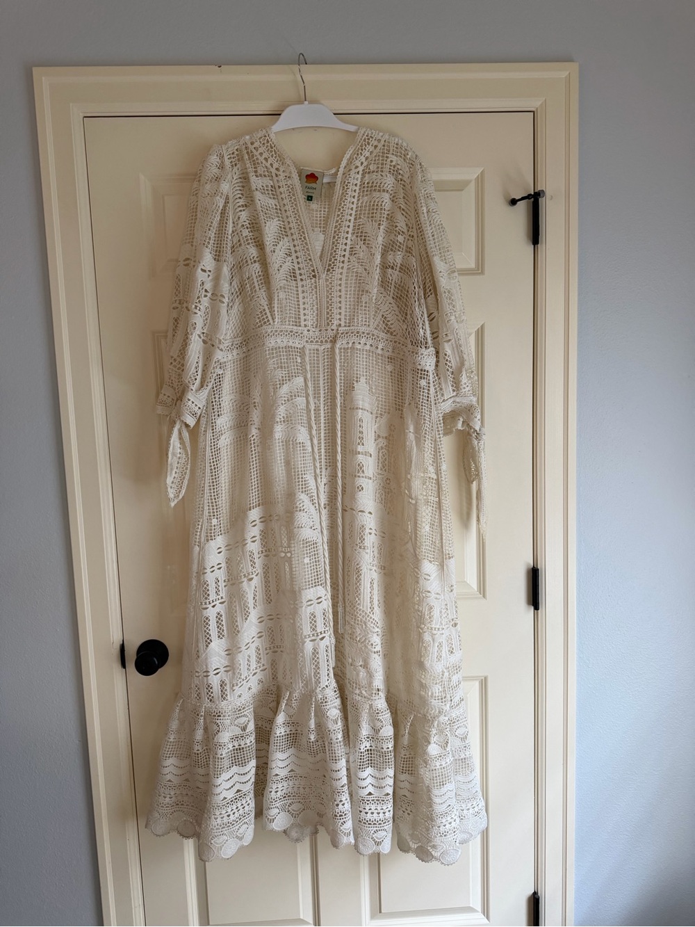 Farm Rio Cream Lace Morada Guipure Crochet Maxi Dress with Tie Waist - Picture 2 of 13